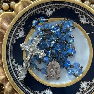 Vintage Blue Crystal & Silver-tone Rosary Beads Cross Necklace